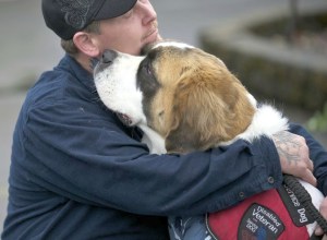 Desert Storm veteran Shawn Brooks, of Molalla, Ore., hugs his dog Bella before they test for a service-dog certification at Man's Best Friend kennel in Battle Ground. Brooks suffers from post-traumatic stress disorder. (Photo by Zachary Kaufman)
